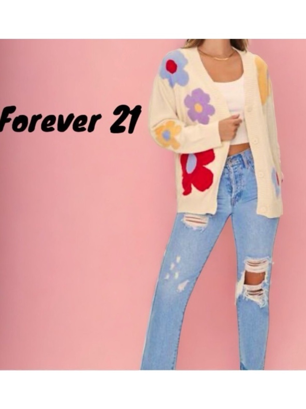 FOREVER 21 FLORAL PRINT KNIT CARDIGAN SWEATER SIZE SMALL OVERSIZED
